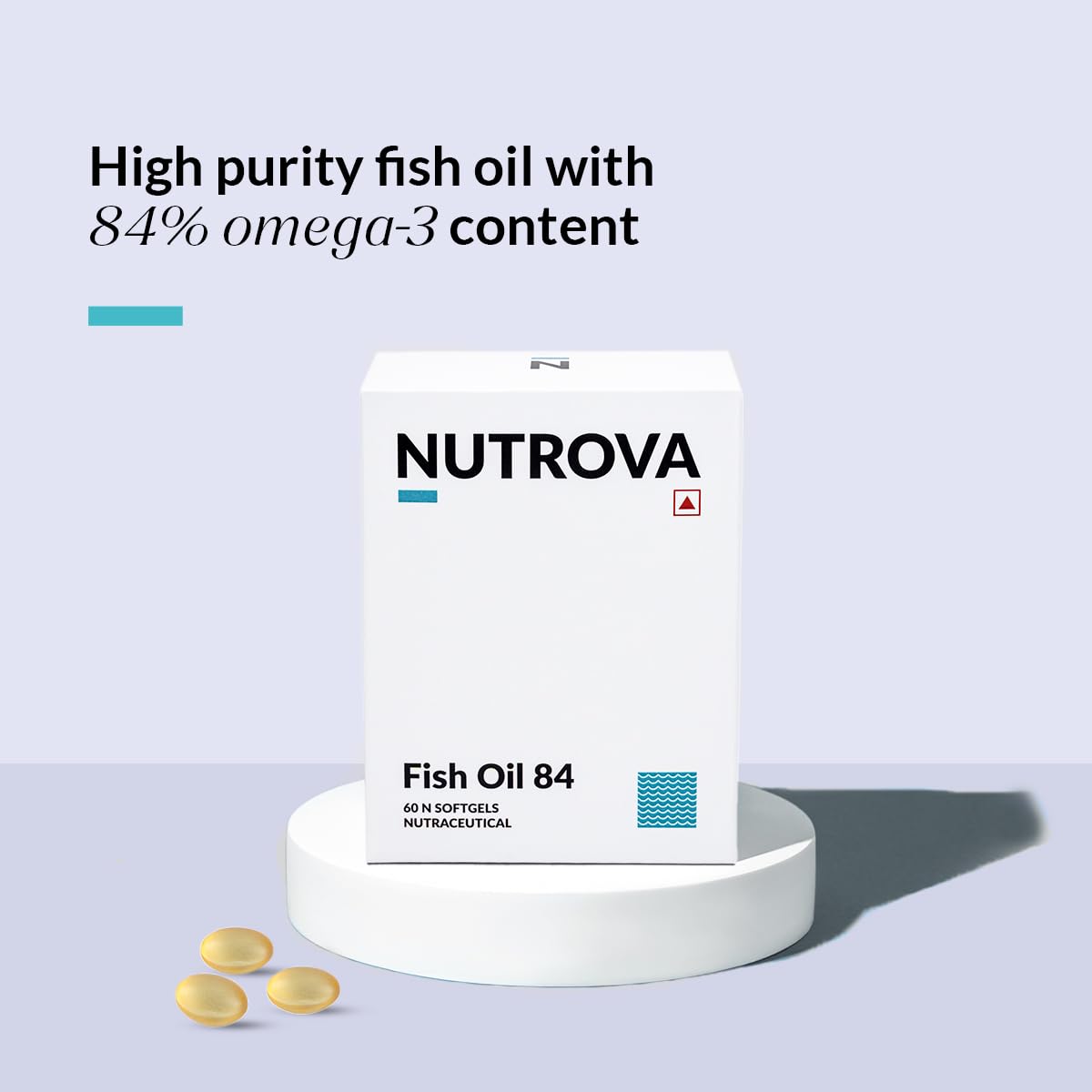 NUTROVA Fish Oil 84 Omega-3 High Purity, Heavy Metal Tested, Small Enteric Coated Capsules For Brain, Heart, Skin & Hair Health (60 Softgel Capsules) 300mg EPA + 250mg DHA in 658mg of Fish Oil