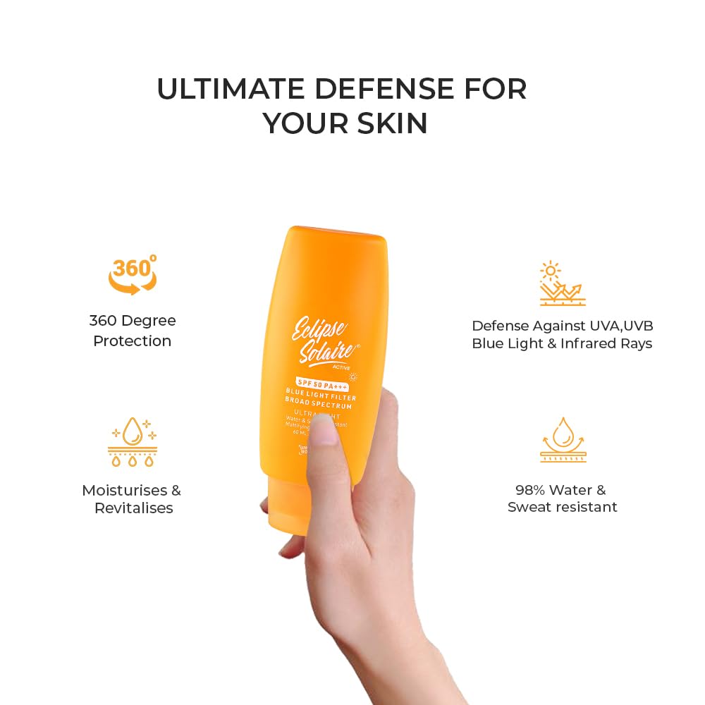 YUDERMA Eclipse Solaire Active Sunscreen SPF 50 PA+++ | Clinically Tested | No White Cast | Broad Spectrum UVA/UVB & Blue Light Shield | Lightweight, Non-Greasy Formula for All Skin Types – 60ml