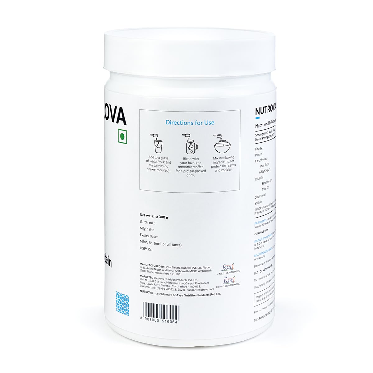 Nutrova Whey Protein Isolate Dark Chocolate (300g) with 24g Protein Every 30g Scoop & 5.5g BCAAs | Protein Powder for Men & Women with no Artificial Sweeteners or Added Sugars | Easy to Digest