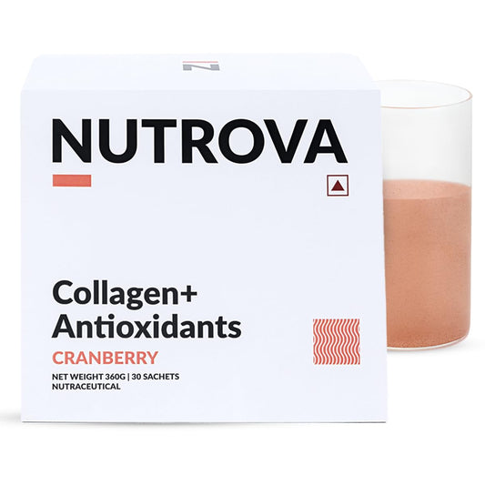 NUTROVA Collagen+Antioxidants Supplement - of Marine Collagen Powder for Men & Women,Increases Skin Hydration,Reduces Skin Damage,Supports Healthy Skin,Hair & Nails,Cranberry, 1 count,30 Servings