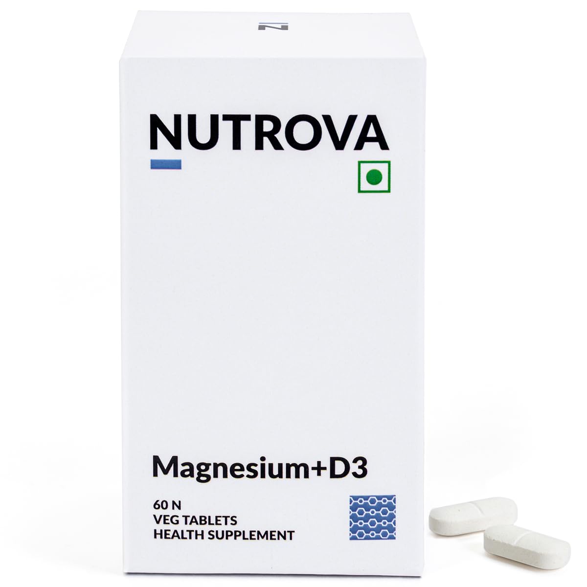 Nutrova Magnesium+D3 Bioavailable Magnesium Bisglycinate Chelate with Vegan Vitamins D3