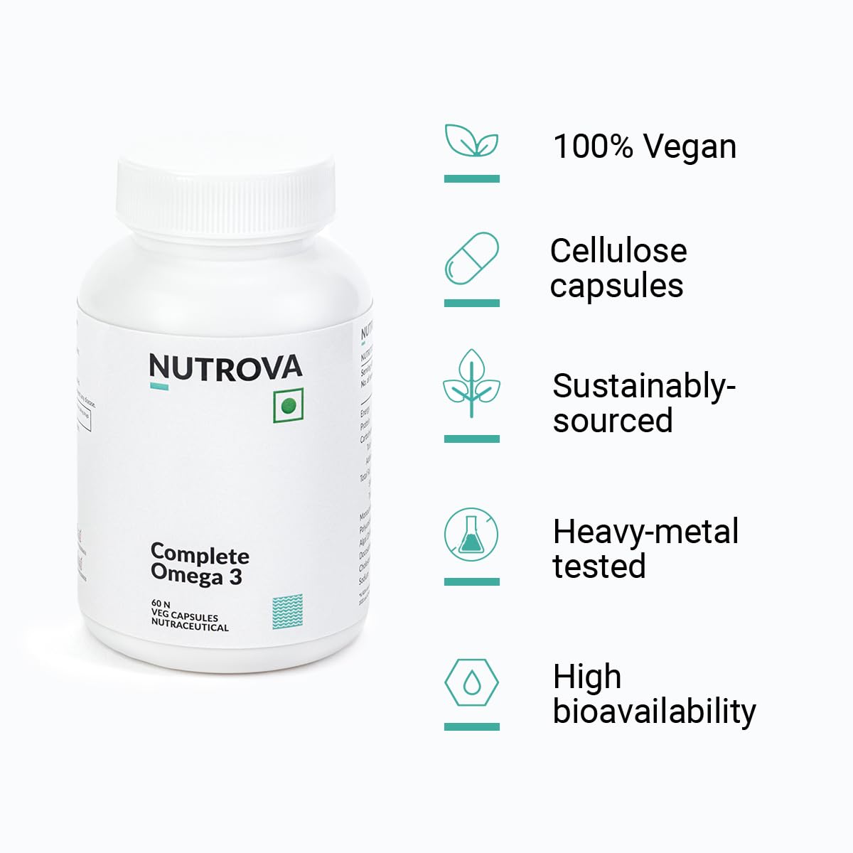 NUTROVA Complete Omega 3 Vegan and Gelatin-Free 60 capsules with Marine Algal Extract Containing 17% vegan-sourced DHA – Supports Cardio Health, Skin & Hair etc - Ideal for Vegans & Vegetarians