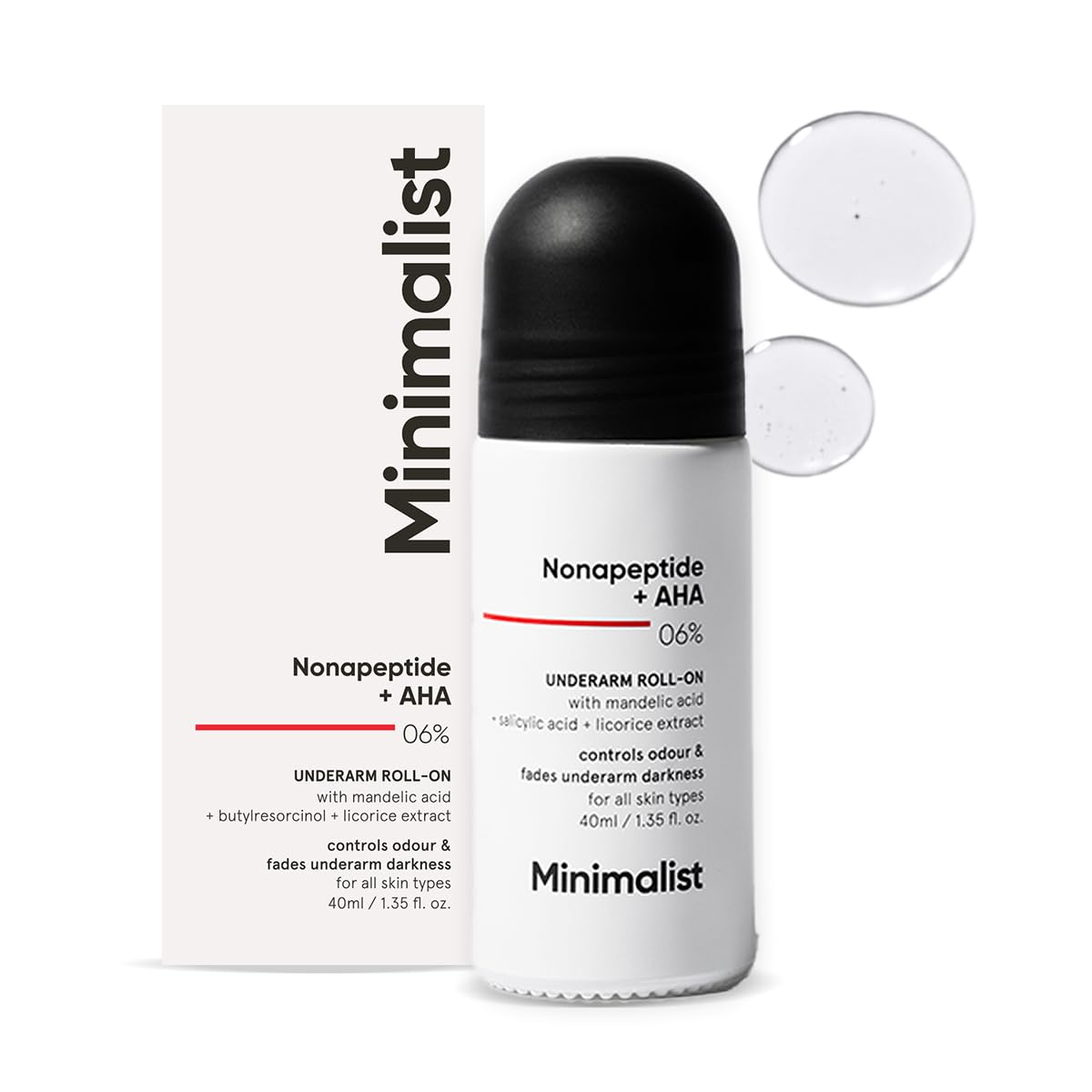 Minimalist Underarm Roll On Deodorant with Nonapeptide + AHA BHA 06% | Controls Odour & Fades Darkness | Fragrance & Aluminium Free | Exfoliating Deo For Women & Men | 40ml