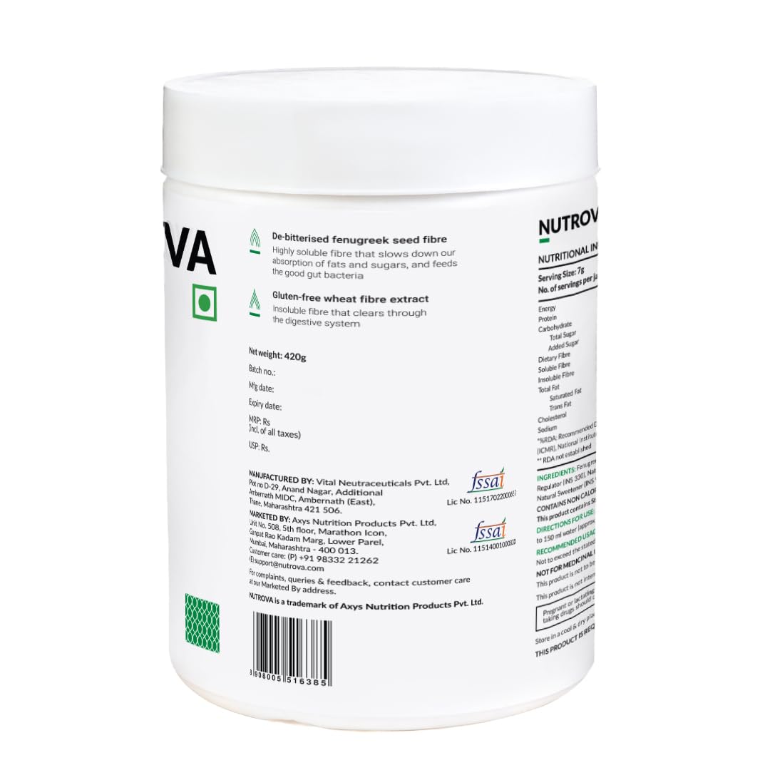 Nutrova Functional Fibre, Blend of Soluble & Insoluble Fibre, Optimized Prebiotic To Support Gut Health, Improves Digestion, Clinically Studied In India, Zero Sugar, Lemon Flavour, Sweetened with Stevia - Easy To Mix. 420 Gm