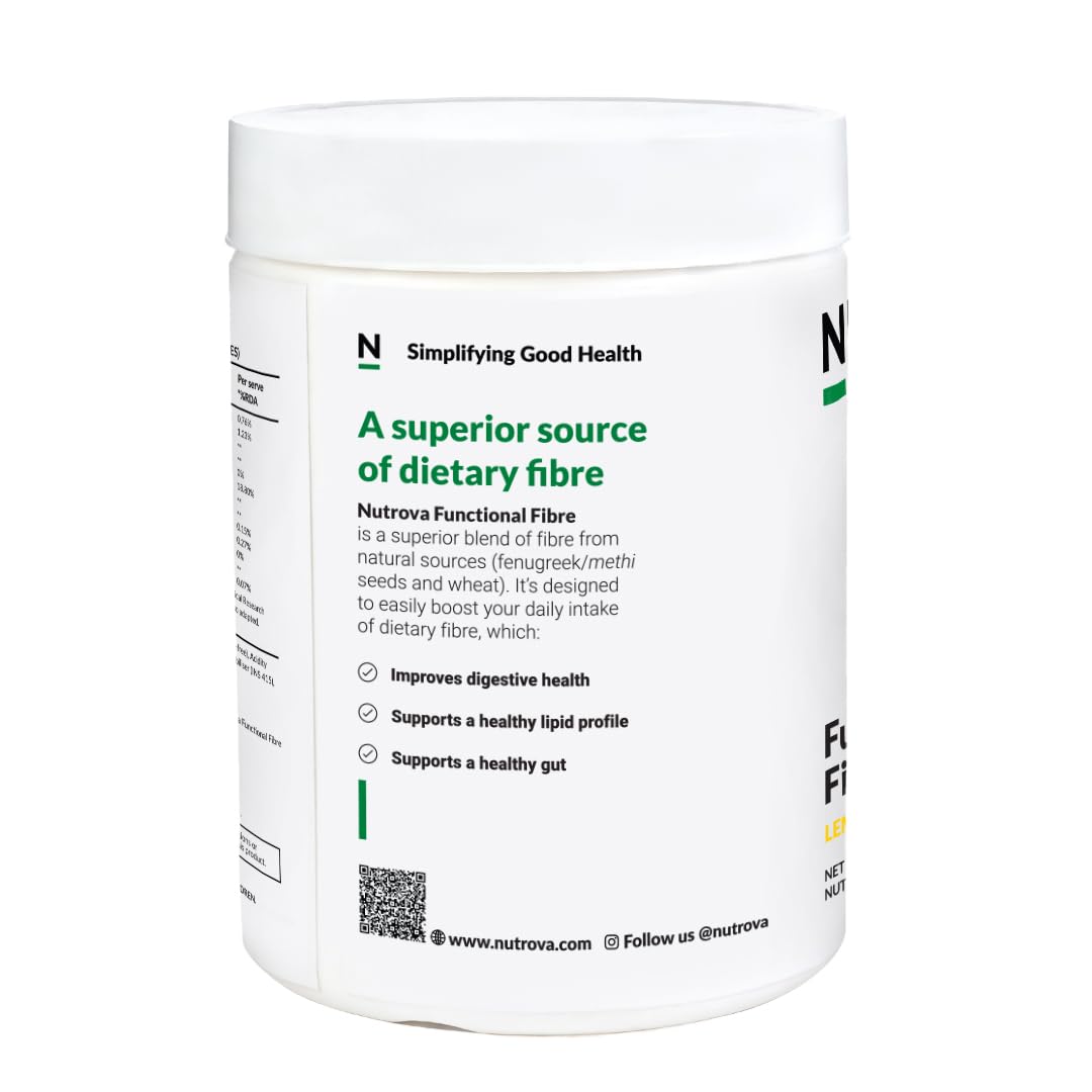 Nutrova Functional Fibre, Blend of Soluble & Insoluble Fibre, Optimized Prebiotic To Support Gut Health, Improves Digestion, Clinically Studied In India, Zero Sugar, Lemon Flavour, Sweetened with Stevia - Easy To Mix. 420 Gm