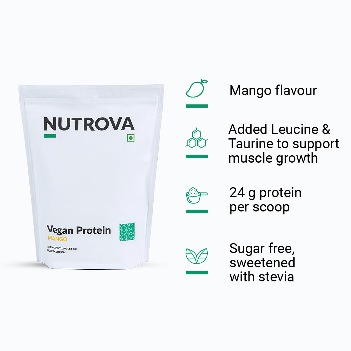 Nutrova Vegan Protein Isolate Mango 1Kg (Pack of 1) with 24g Protein per Scoop for Muscle Building | Gluten & Sugar Free Ideal Plant Protein sweetened with Stevia, 80% Protein with Taurine & Leucine
