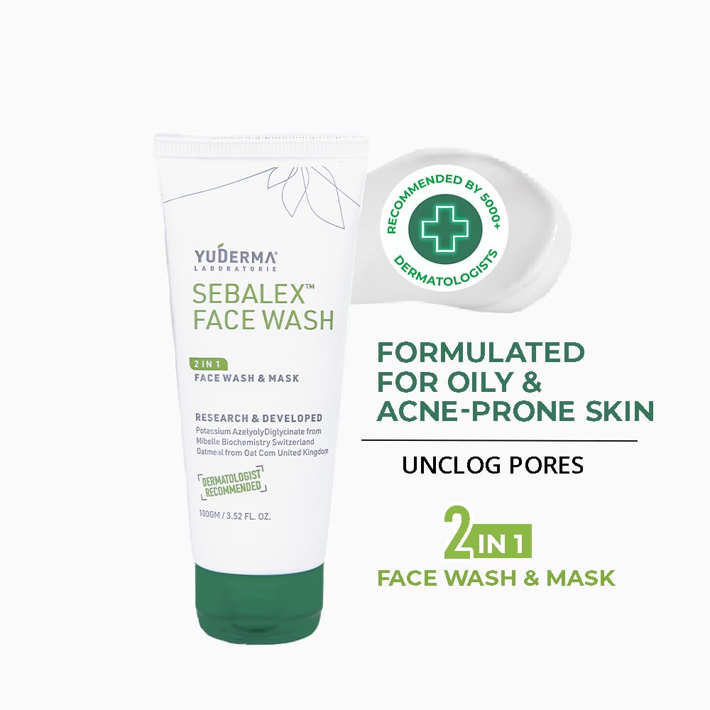 YUDERMA Sebalex Face Wash for Oily and Acne Prone Skin, 100gm Medi-Acne Face Wash & Mask, Sulphate & Paraben Free, Non-Comedogenic Face Wash for Women and Men