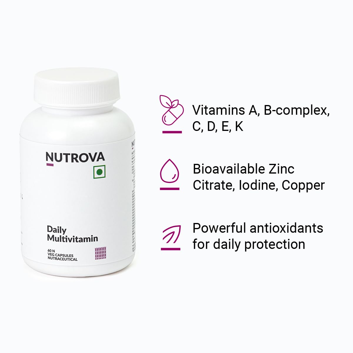 NUTROVA Daily Multivitamin Supplement Optimised for Non-Vegan Indian Diets for Men & Women (60 capsules) containing Lycopene, Vitamin C, Zinc Citrate, Vitamin D3, Vitamin B3 & Vitamin A