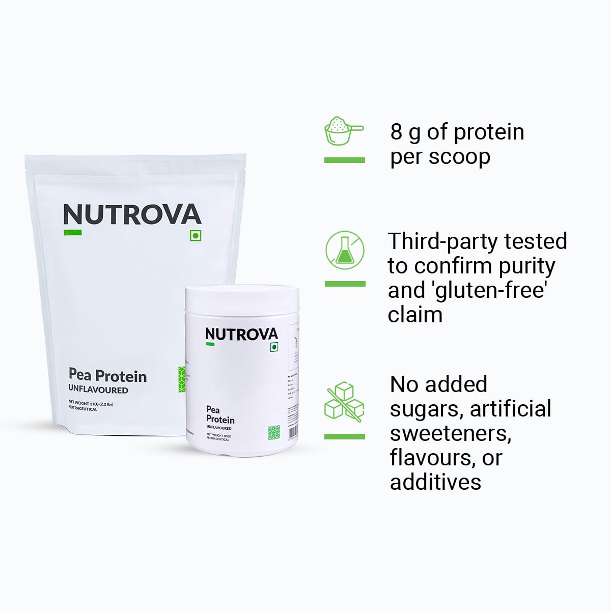 NUTROVA Pea Protein Powder, Vegan Protein Isolate 1 Kg | No Added Sugar, Artificial Sweeteners or Flavours | Vegan & Gluten-free | 80% protein content, 8g protein every 10g scoop