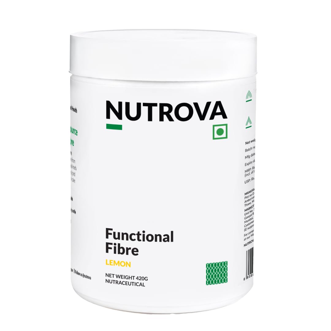 Nutrova Functional Fibre, Blend of Soluble & Insoluble Fibre, Optimized Prebiotic To Support Gut Health, Improves Digestion, Clinically Studied In India, Zero Sugar, Lemon Flavour, Sweetened with Stevia - Easy To Mix. 420 Gm