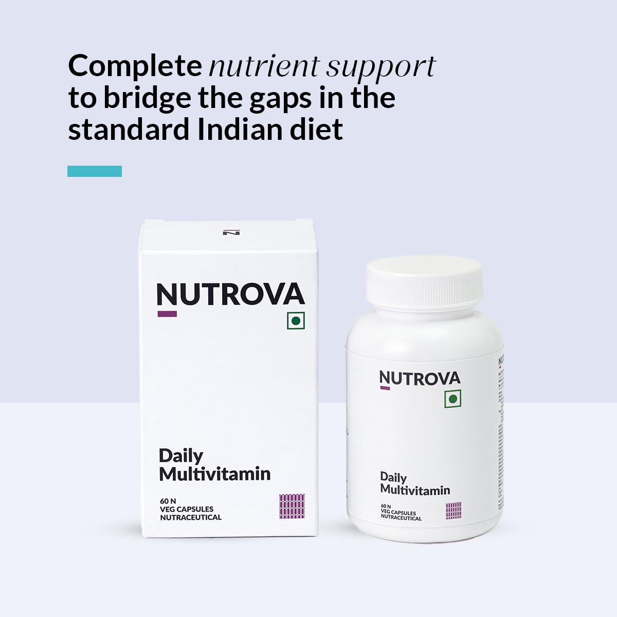 NUTROVA Daily Multivitamin Supplement Optimised for Non-Vegan Indian Diets for Men & Women (60 capsules) containing Lycopene, Vitamin C, Zinc Citrate, Vitamin D3, Vitamin B3 & Vitamin A