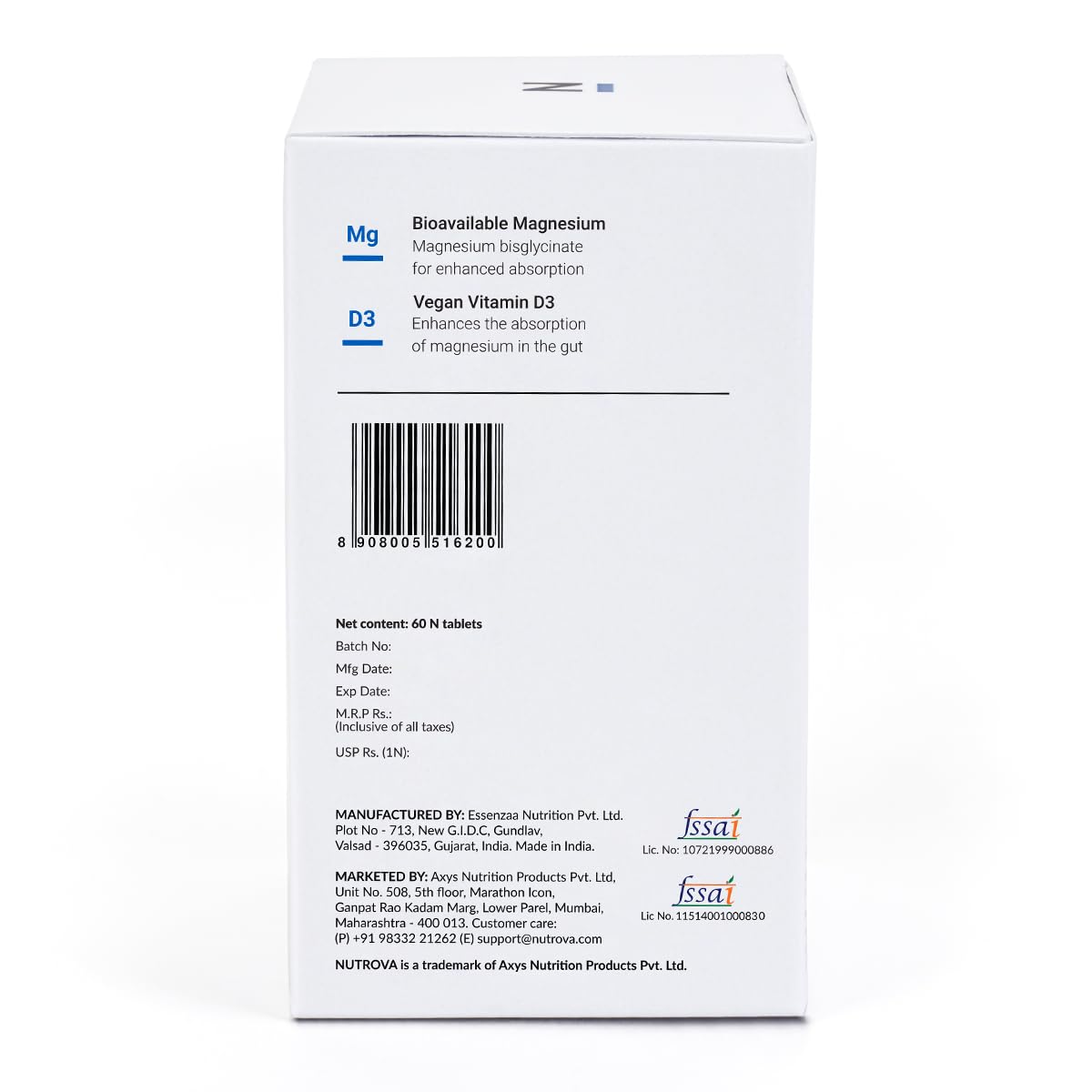 Nutrova Magnesium+D3 Bioavailable Magnesium Bisglycinate Chelate with Vegan Vitamins D3