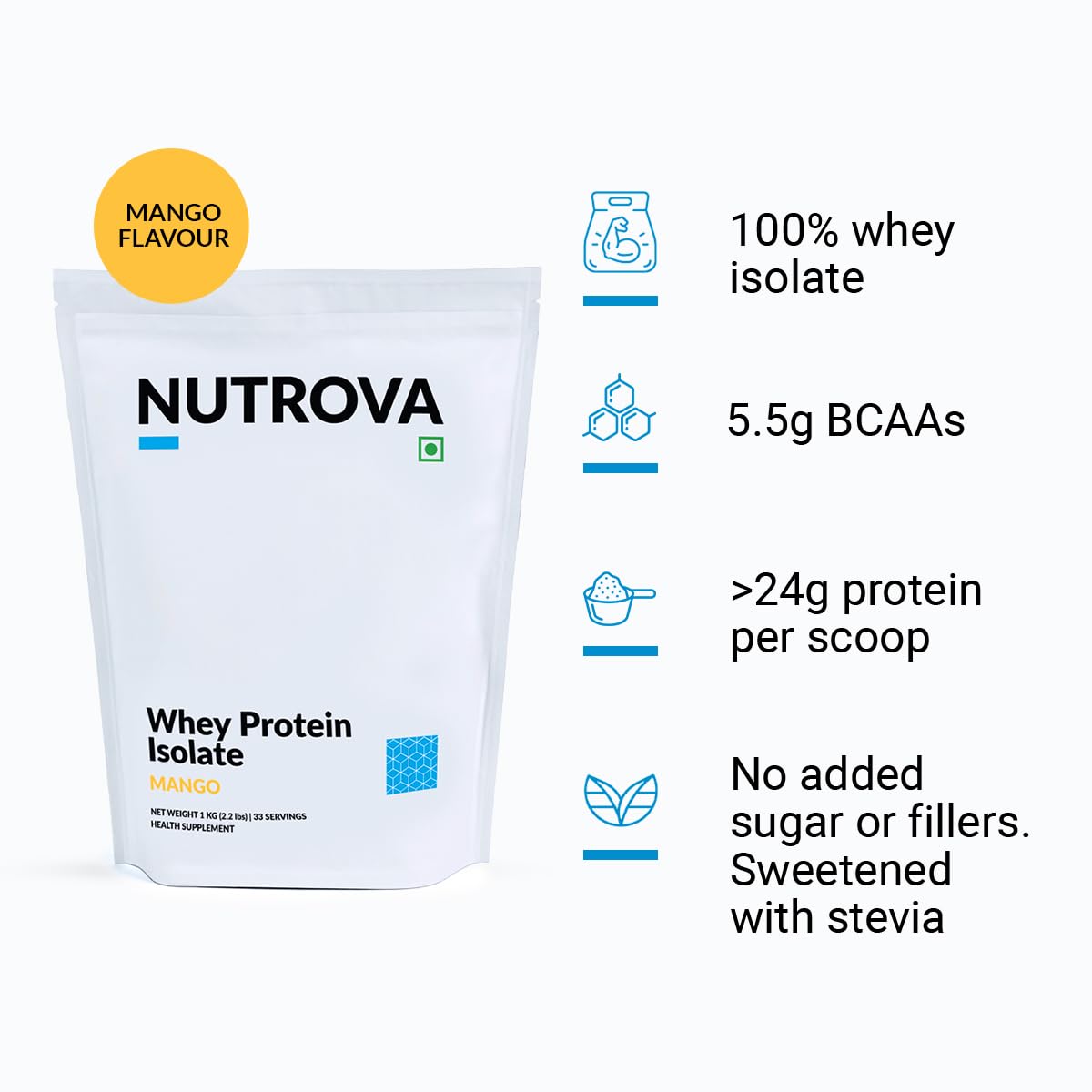 Nutrova Whey Protein Isolate Mango 1Kg (Pack of 1) with 24g Protein Every 30g Scoop | Easy to Digest Health Supplement for Men & Women with no Added Sugars | 5.5g BCAAs, Sweetened with Stevia.
