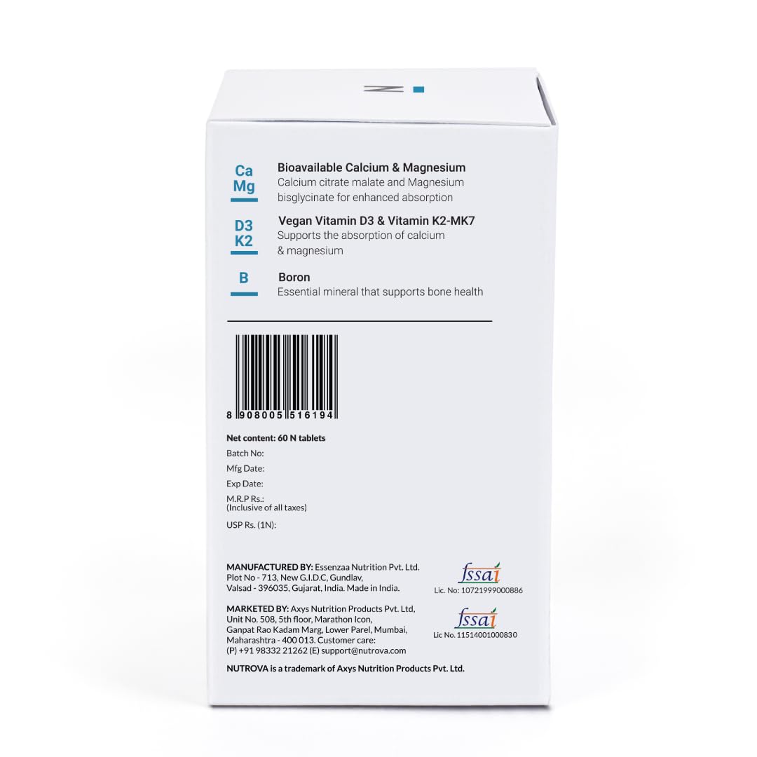 Nutrova Calcium+Magnesium Bioavailable Calcium Magnesium with Vitamins D3, K2, Boron – 60 Vegan tablets