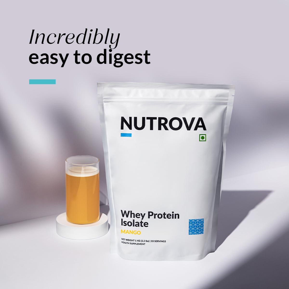 Nutrova Whey Protein Isolate Mango 1Kg (Pack of 1) with 24g Protein Every 30g Scoop | Easy to Digest Health Supplement for Men & Women with no Added Sugars | 5.5g BCAAs, Sweetened with Stevia.