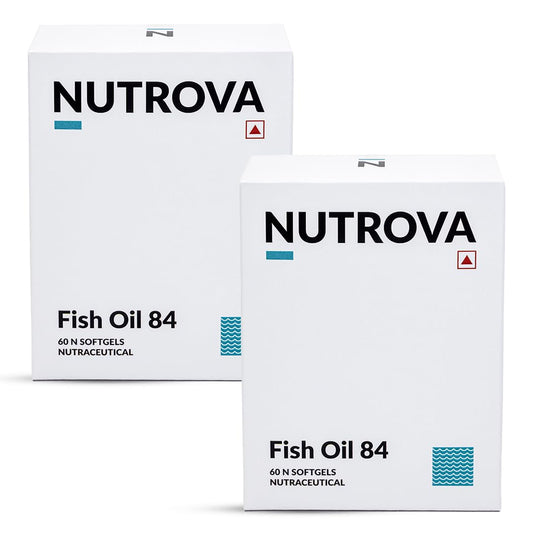 NUTROVA Fish Oil 84 Omega-3 High Purity, Heavy Metal Tested, Small Enteric Coated Capsules For Brain, Heart, Skin & Hair Health (60 Softgel Capsules - Pack of 2) 300mg EPA + 250mg DHA in 658mg