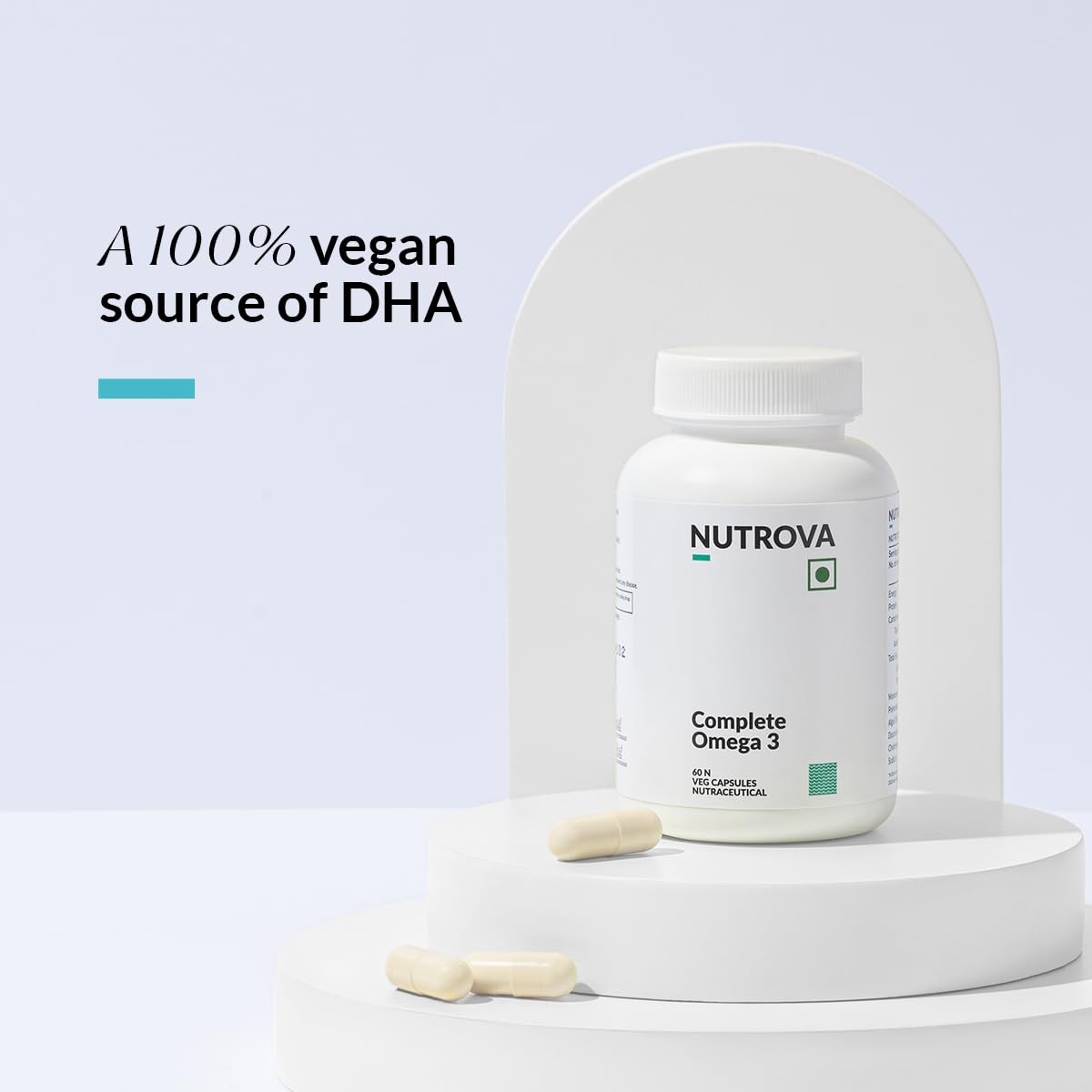 NUTROVA Complete Omega 3 Vegan and Gelatin-Free 60 capsules with Marine Algal Extract Containing 17% vegan-sourced DHA – Supports Cardio Health, Skin & Hair etc - Ideal for Vegans & Vegetarians
