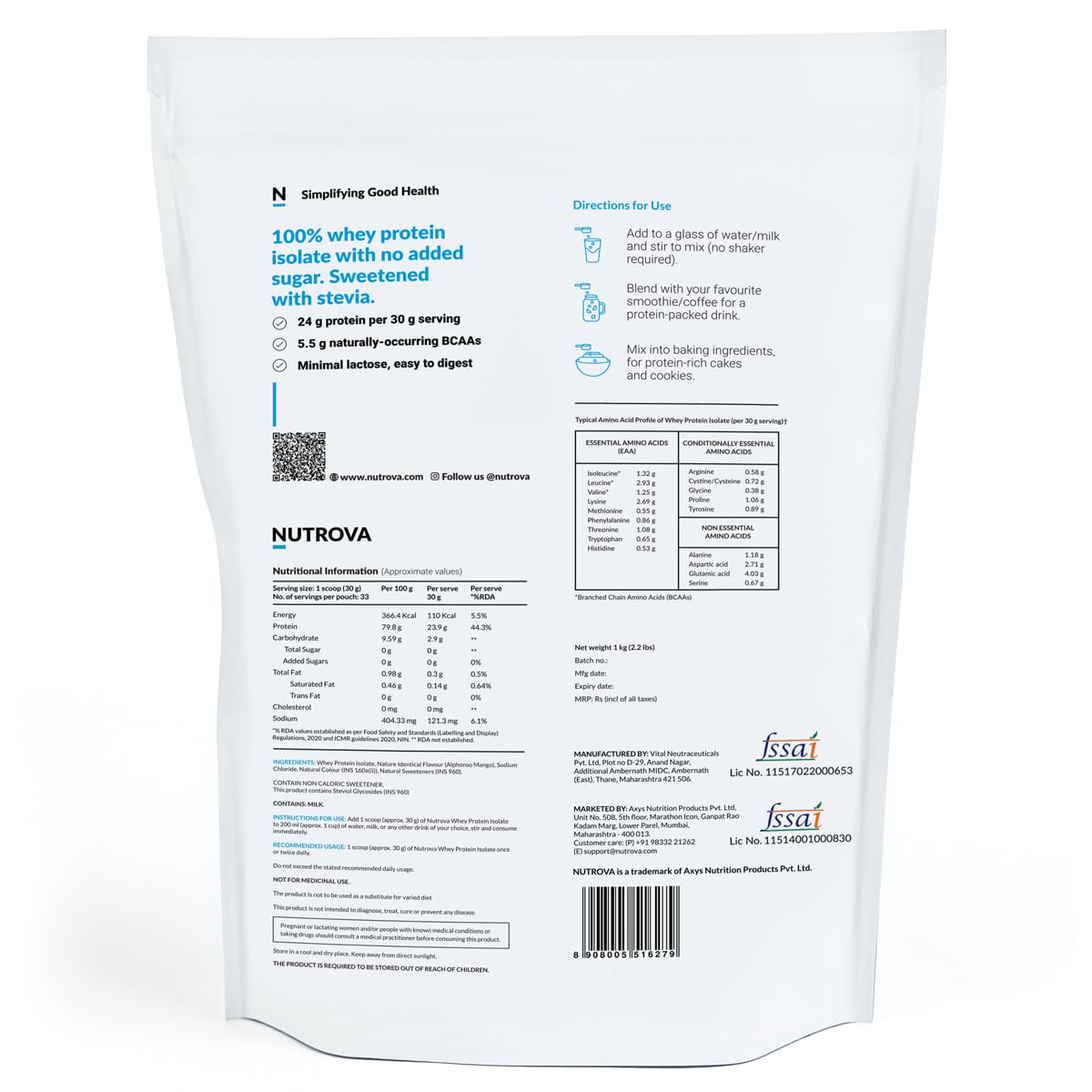 Nutrova Whey Protein Isolate Mango 1Kg (Pack of 1) with 24g Protein Every 30g Scoop | Easy to Digest Health Supplement for Men & Women with no Added Sugars | 5.5g BCAAs, Sweetened with Stevia.