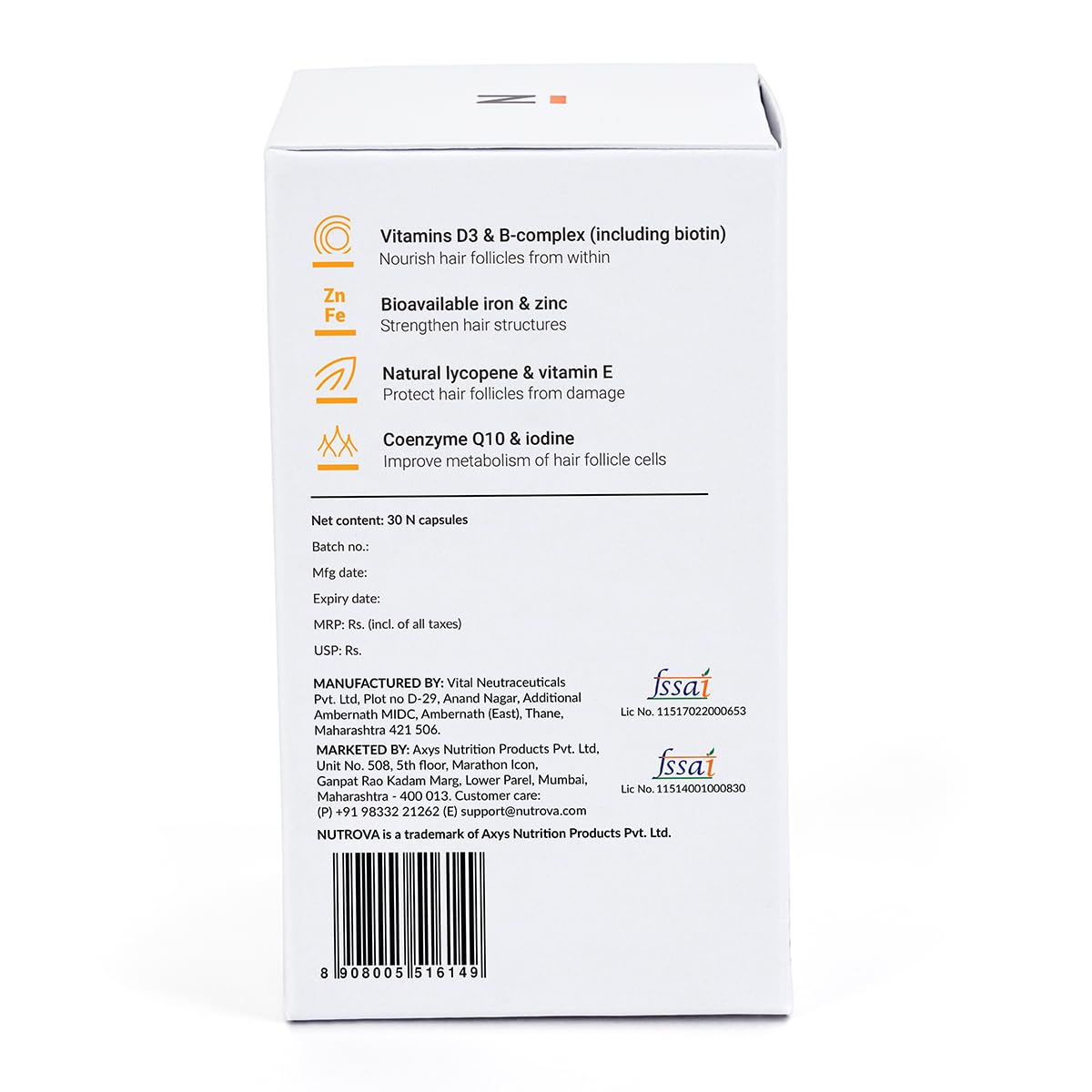 NUTROVA Kerastrength For Men & Women (30 Capsules) With Biotin - Prevents Hair-Fall,Strengthens & Grows Hair With Vitamins A,C,D3,B-Complex,Lycopene Inhibits Hair-Fall Hormone Dht,1 Count