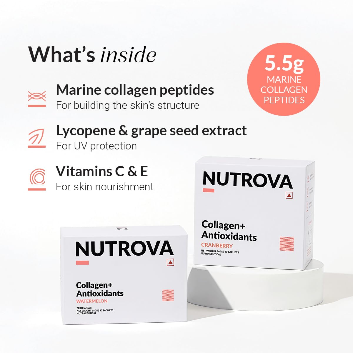 NUTROVA Collagen+Antioxidants Supplement - Marine Collagen Powder for Men & Women, Increases Skin Hydration, Reduces Skin Damage (Pack of 1 (30 sachets, Zero Sugar - Watermelon, 1 count, 30 Servings)