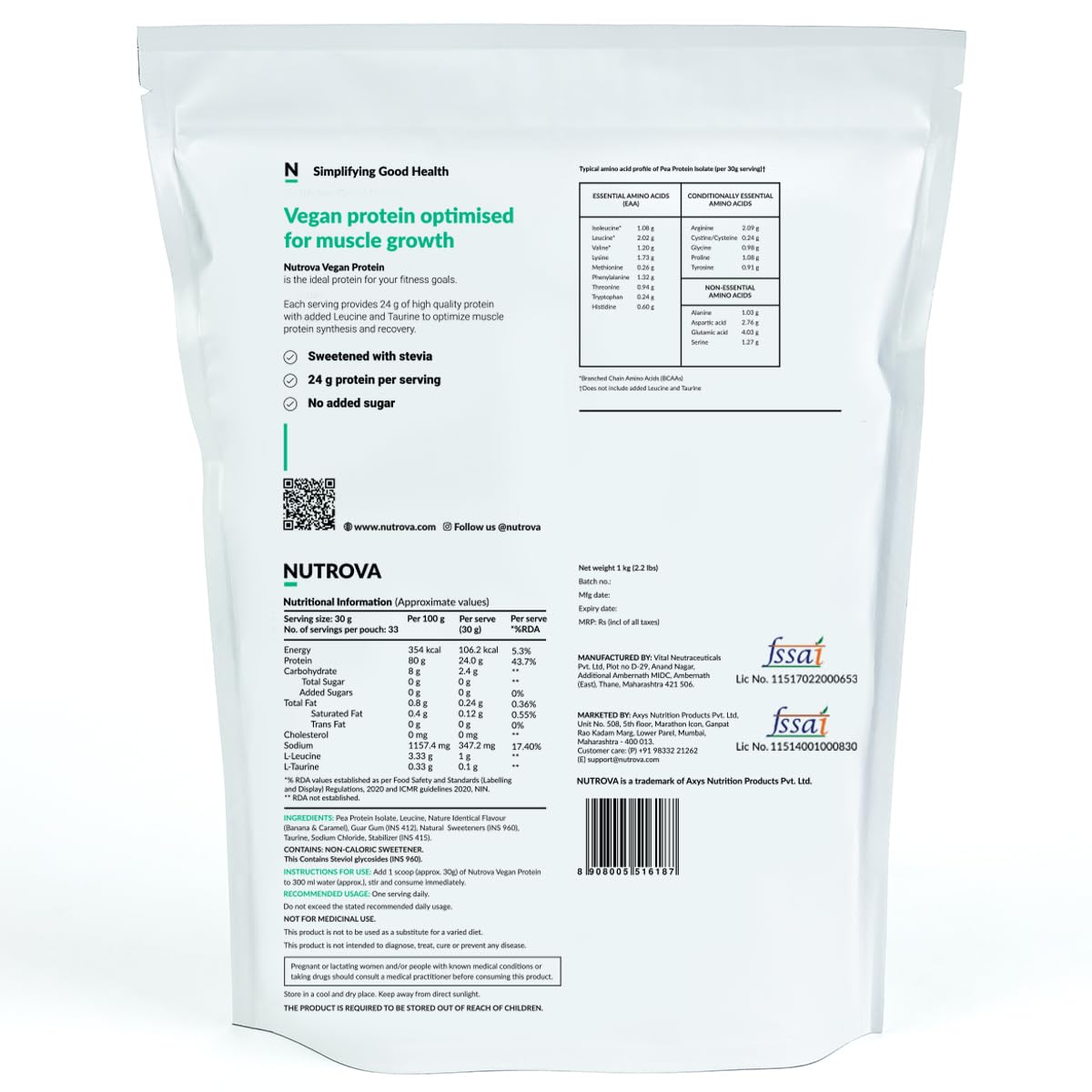 Nutrova Vegan Protein Isolate Mango 1Kg (Pack of 2) with 24g Protein per Scoop for Muscle Building | Gluten & Sugar Free Ideal Plant Protein sweetened with Stevia, 80% Protein with Taurine & Leucine