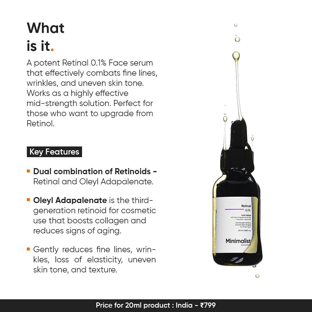 Minimalist Retinal 0.1% Face Serum | Reduces Fine Lines & Wrinkles | Enriched with Bakuchiol & Squalane | Anti-Aging & Hydrating Formula | For All Skin Types | 20 ml