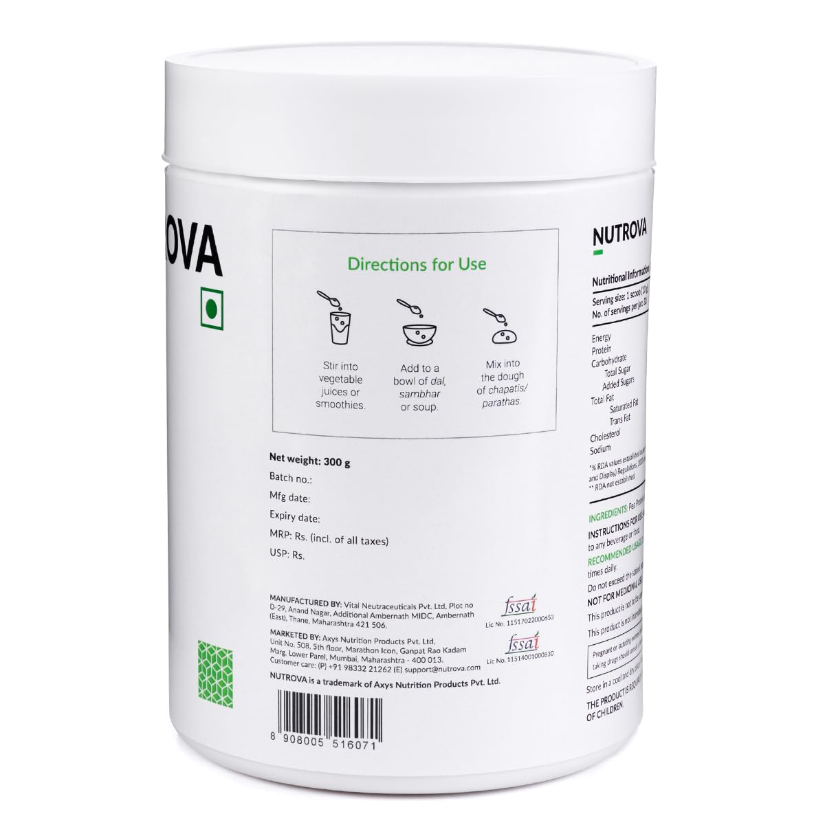 NUTROVA Pea Protein Powder, Vegan Protein Isolate - No Added Sugar, Artificial Sweeteners or Flavours, Vegan & Gluten-free - Easy to Mix (300gm) 80% protein content, 8g of protein in every 10g scoop