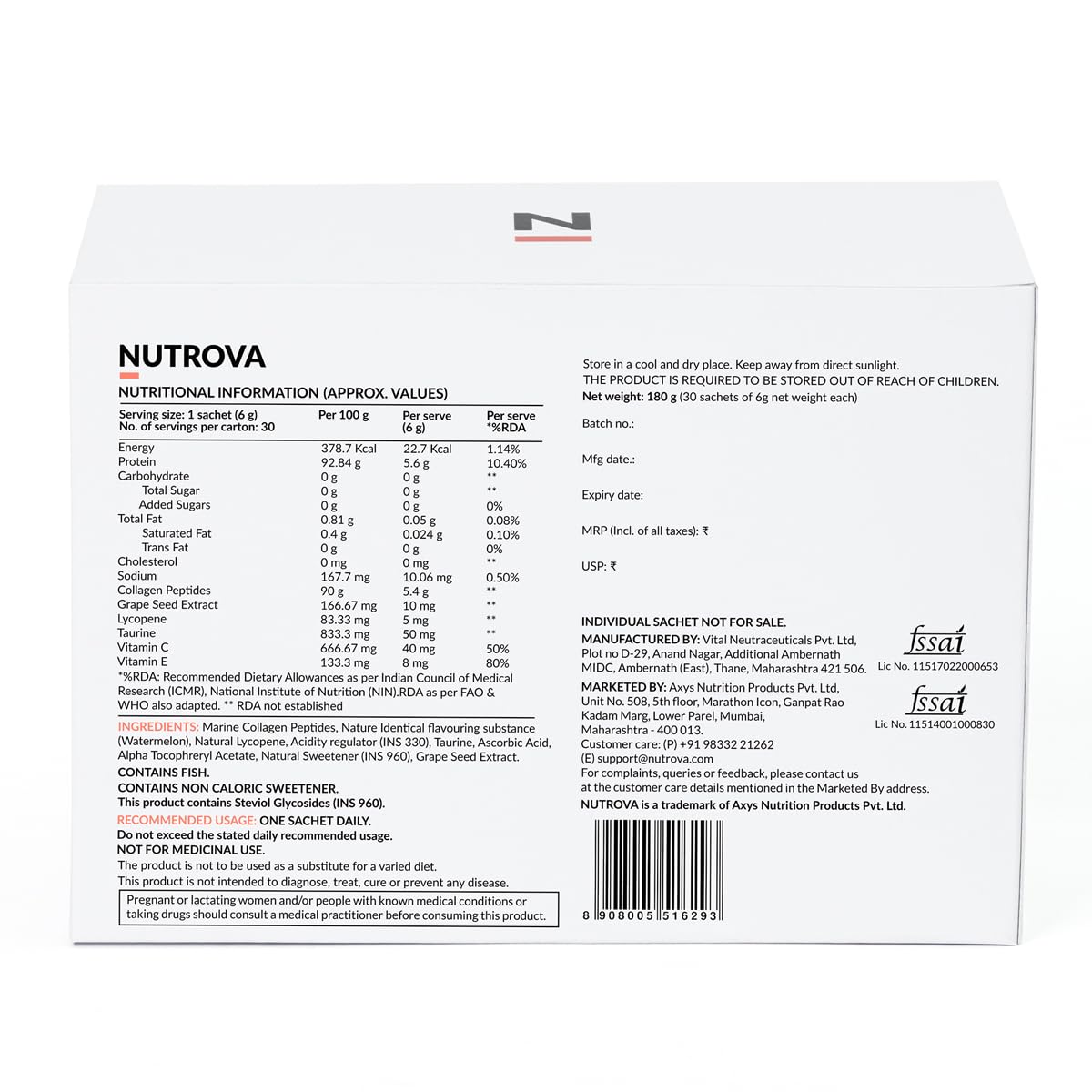 NUTROVA Collagen+Antioxidants Supplement - Marine Collagen Powder for Men & Women, Increases Skin Hydration, Reduces Skin Damage (Pack of 1 (30 sachets, Zero Sugar - Watermelon, 1 count, 30 Servings)