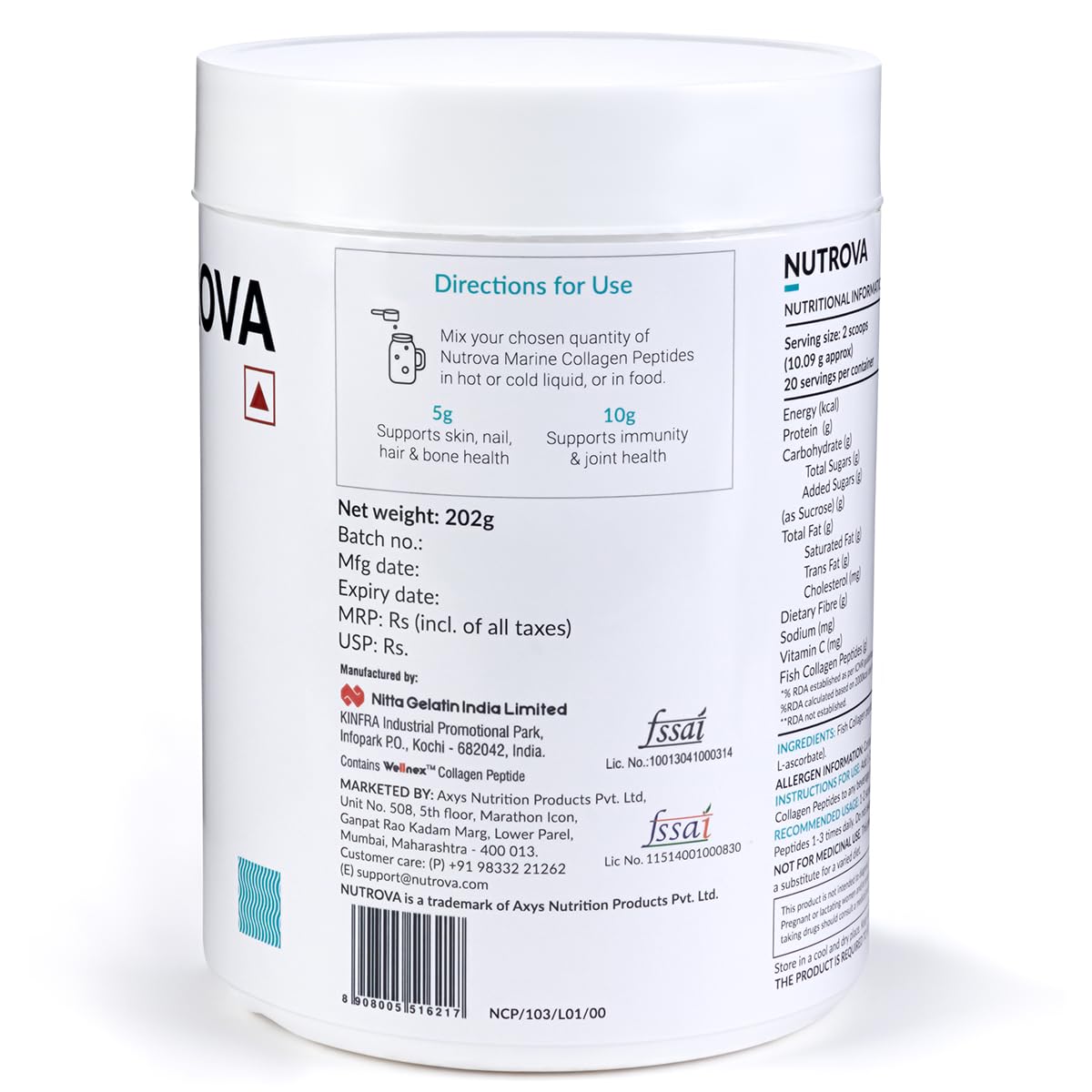 NUTROVA Marine Collagen Peptides for Men & Women, For Healthy Skin & Hair, Nails, Bones - Anti-Aging Supplement – Unflavoured Easy to Mix Powder (200gm) – Neutral Smell & Taste