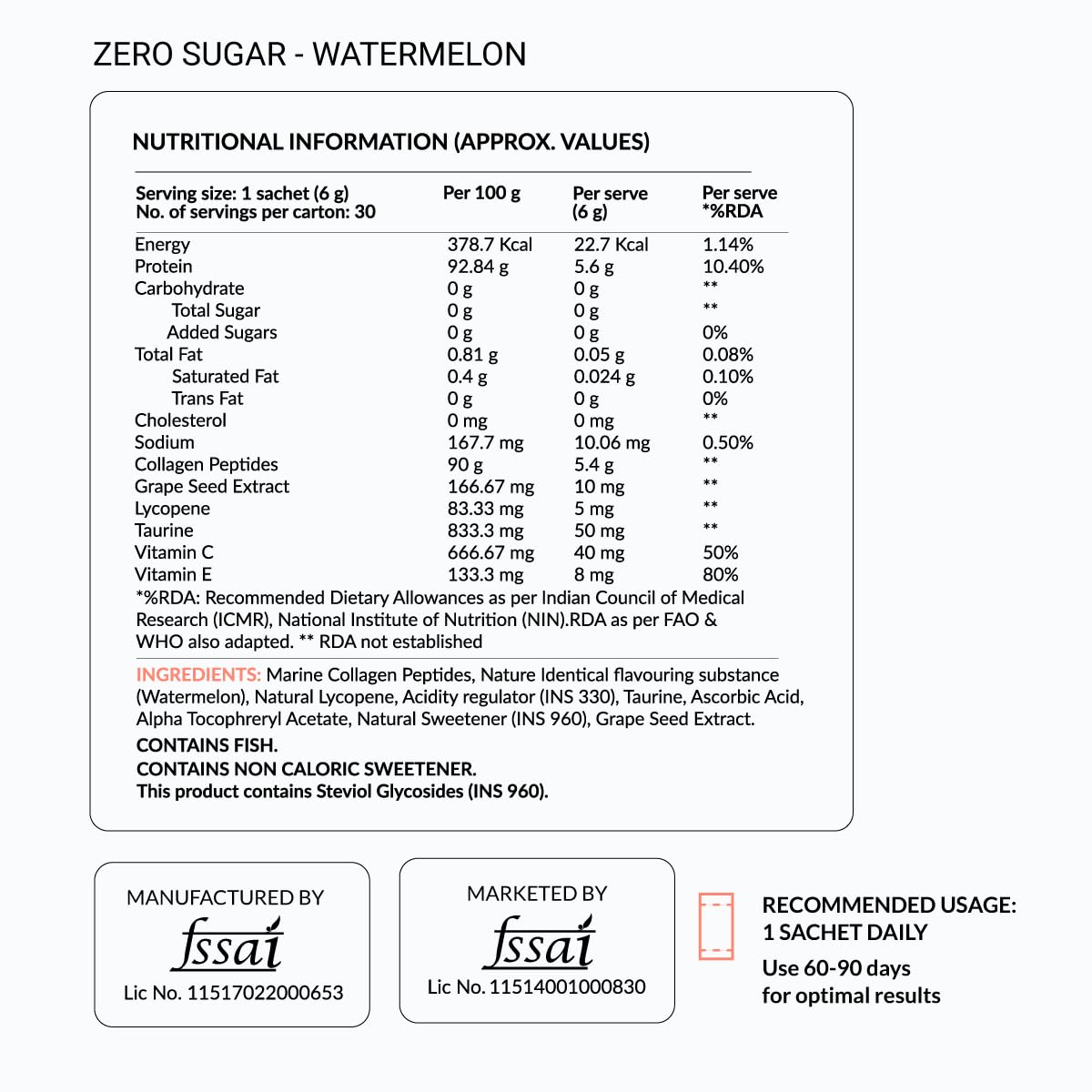 NUTROVA Collagen+Antioxidants Supplement - Marine Collagen Powder for Men & Women, Increases Skin Hydration, Reduces Skin Damage (Pack of 1 (30 sachets, Zero Sugar - Watermelon, 1 count, 30 Servings)