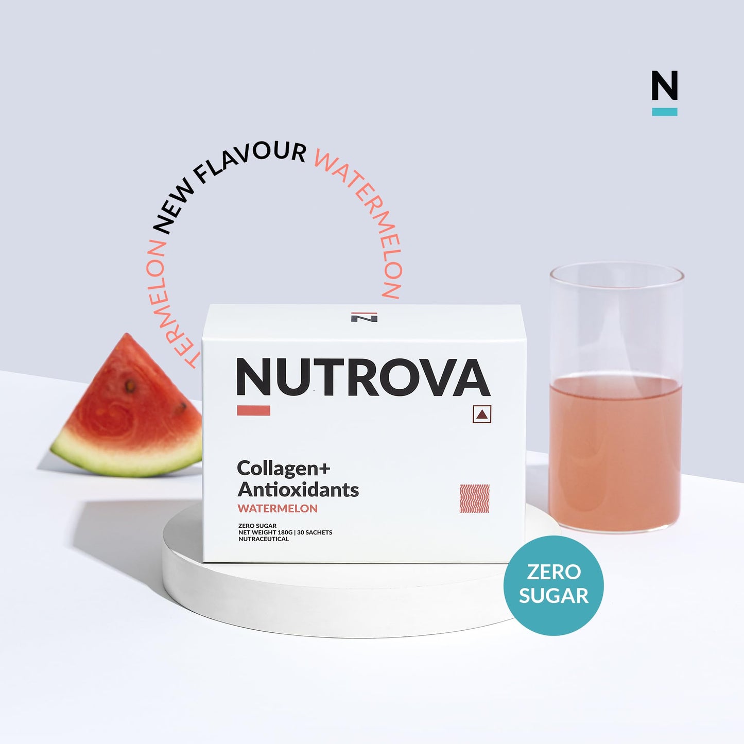 NUTROVA Collagen+Antioxidants Supplement - Marine Collagen Powder for Men & Women, Increases Skin Hydration, Reduces Skin Damage (Pack of 1 (30 sachets, Zero Sugar - Watermelon, 1 count, 30 Servings)