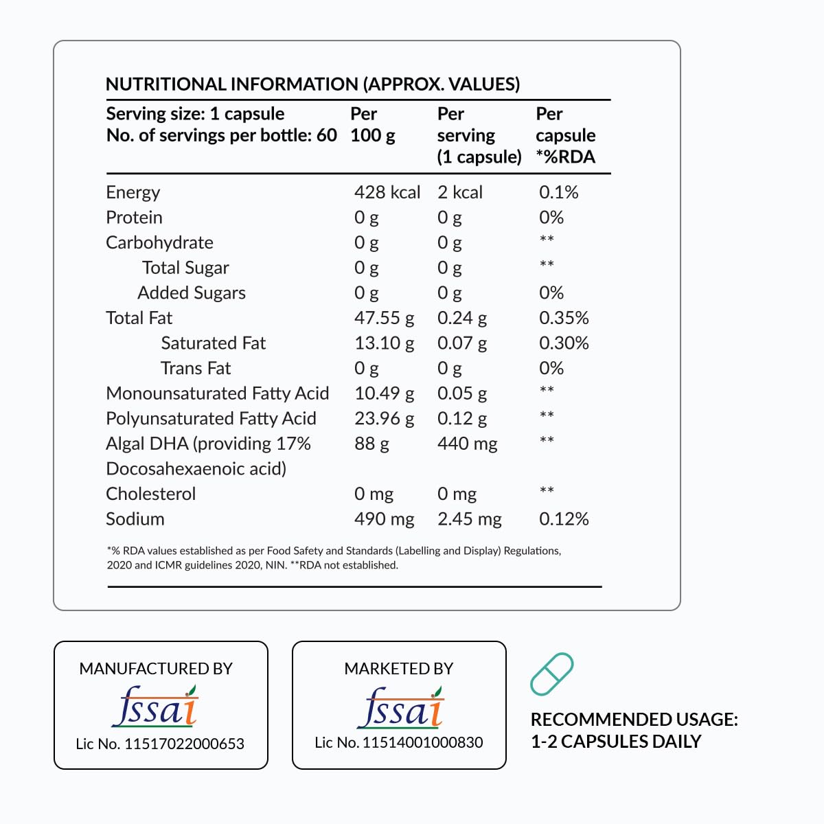 NUTROVA Complete Omega 3 Vegan and Gelatin-Free 60 capsules with Marine Algal Extract Containing 17% vegan-sourced DHA – Supports Cardio Health, Skin & Hair etc - Ideal for Vegans & Vegetarians