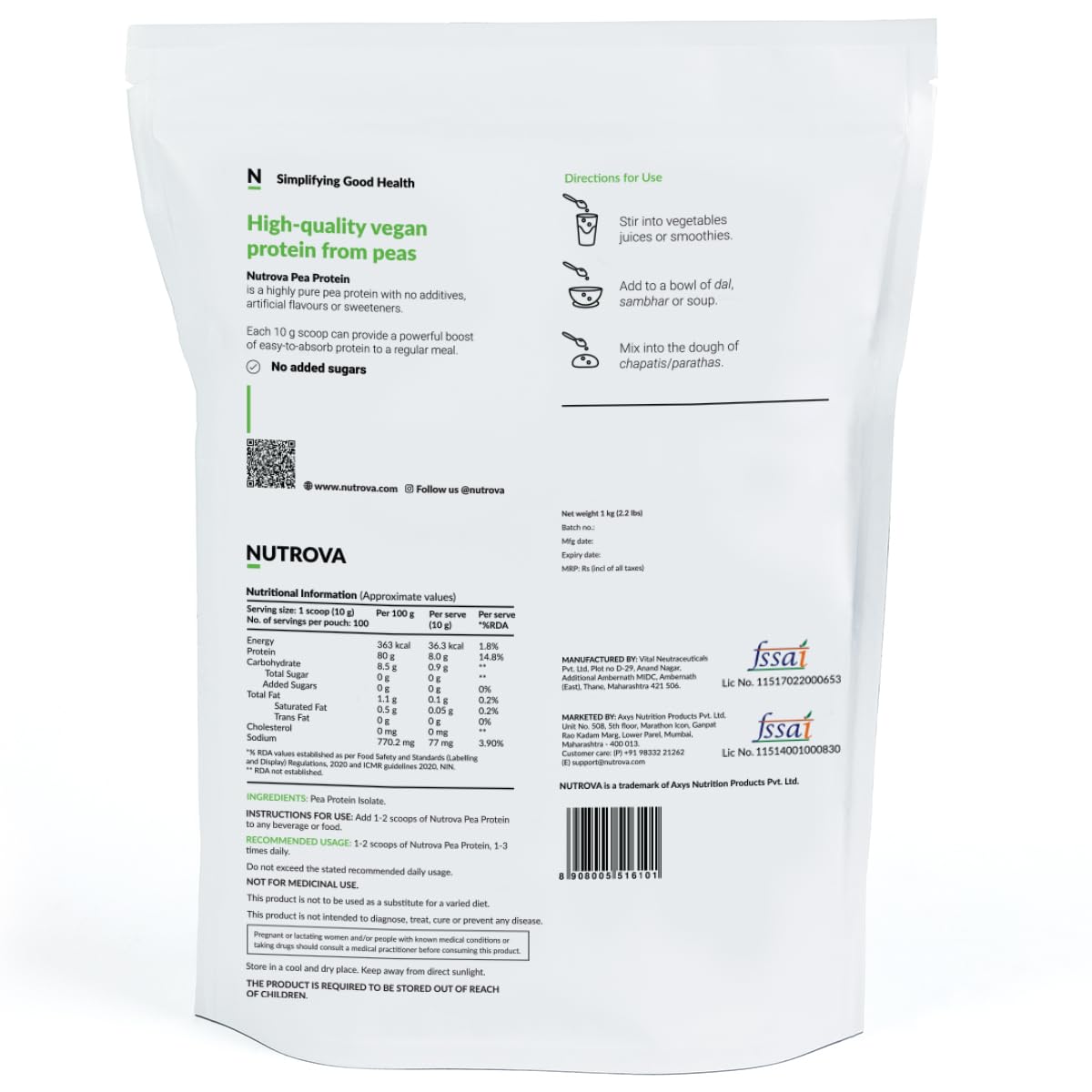 NUTROVA Pea Protein Powder, Vegan Protein Isolate 1 Kg | No Added Sugar, Artificial Sweeteners or Flavours | Vegan & Gluten-free | 80% protein content, 8g protein every 10g scoop