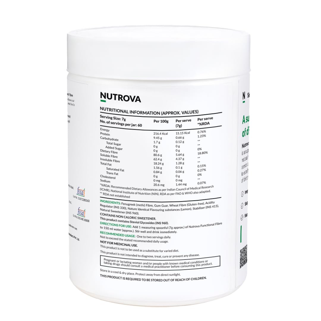 Nutrova Functional Fibre, Blend of Soluble & Insoluble Fibre, Optimized Prebiotic To Support Gut Health, Improves Digestion, Clinically Studied In India, Zero Sugar, Lemon Flavour, Sweetened with Stevia - Easy To Mix. 420 Gm