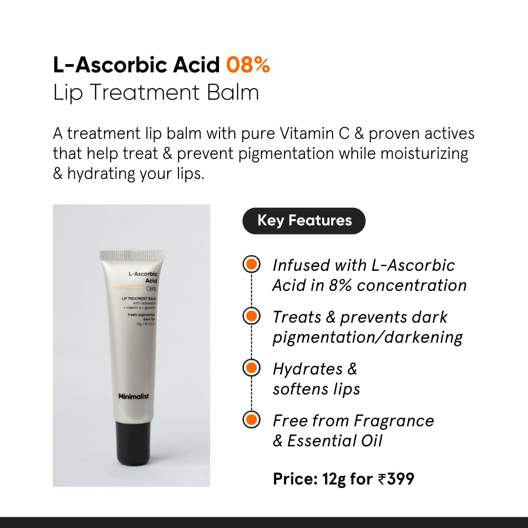Minimalist 8% L-Ascorbic Acid Lip Treatment Balm with Vitamin E, Radianskin & Glycerine for Pigmented & Dark Lips | For Women & Men | 12 gm