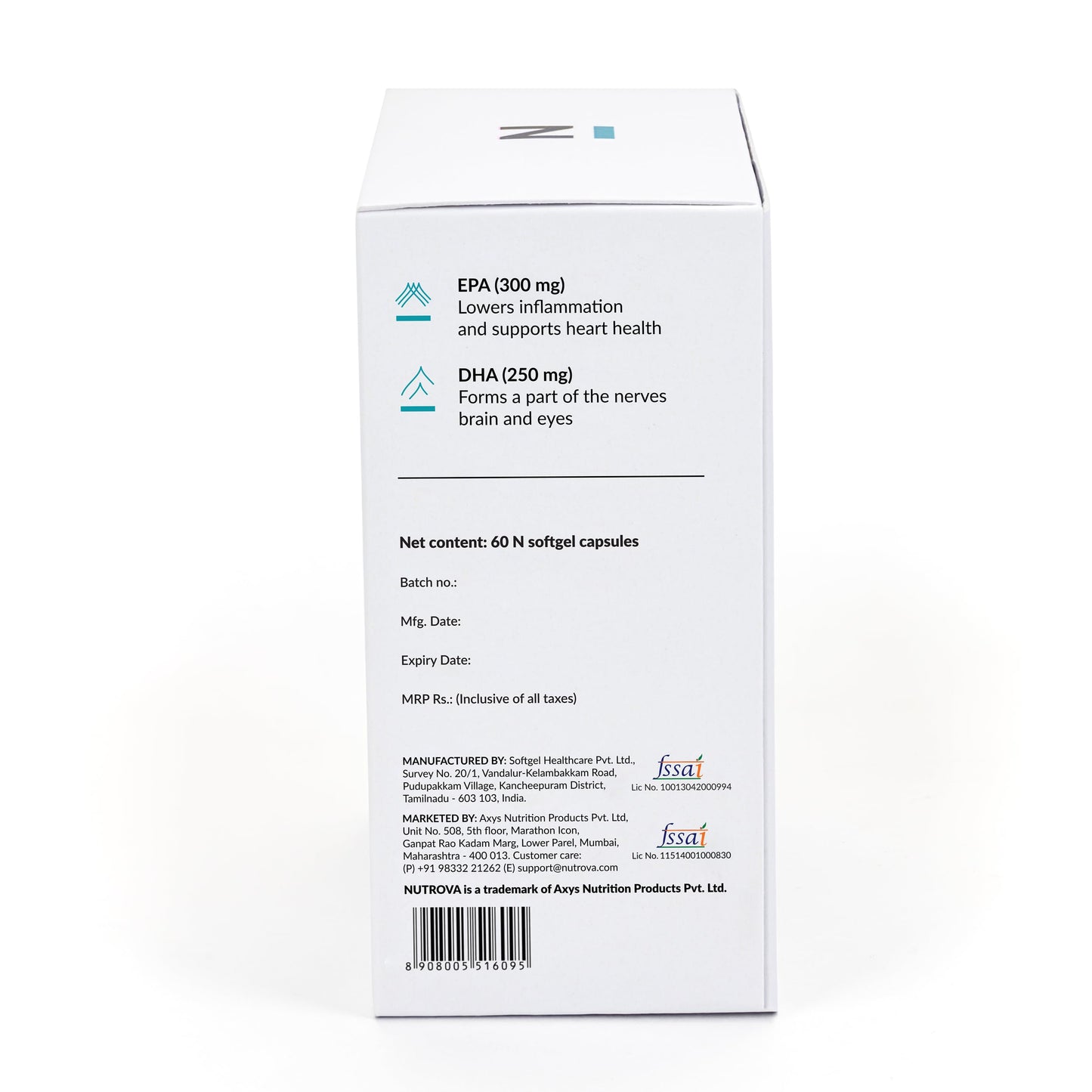 NUTROVA Fish Oil 84 Omega-3 High Purity, Heavy Metal Tested, Small Enteric Coated Capsules For Brain, Heart, Skin & Hair Health (60 Softgel Capsules) 300mg EPA + 250mg DHA in 658mg of Fish Oil