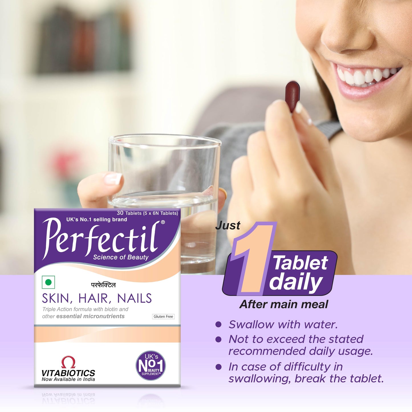 Perfectil Multivitamin Supplements For Men & Women, Packed With Biotin And Grape Seed Extract For Radiant And Younger-Looking Skin, Hair Fall Control, Stronger Nails, 30 Tablets (Pack of 1)