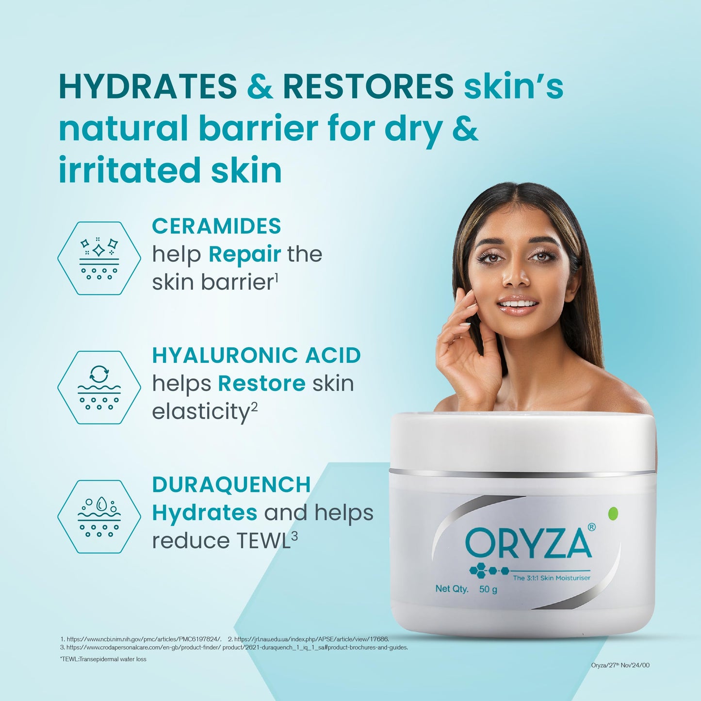 Alembic Oryza 3:1:1 Ceramide Face Moisturizer I Enriched With Hyaluronic Acid & Duraquench I Light Weight I Long Lasting Hydration I For Normal To Sensitive Skin,50G Pack Of 1 - Cream
