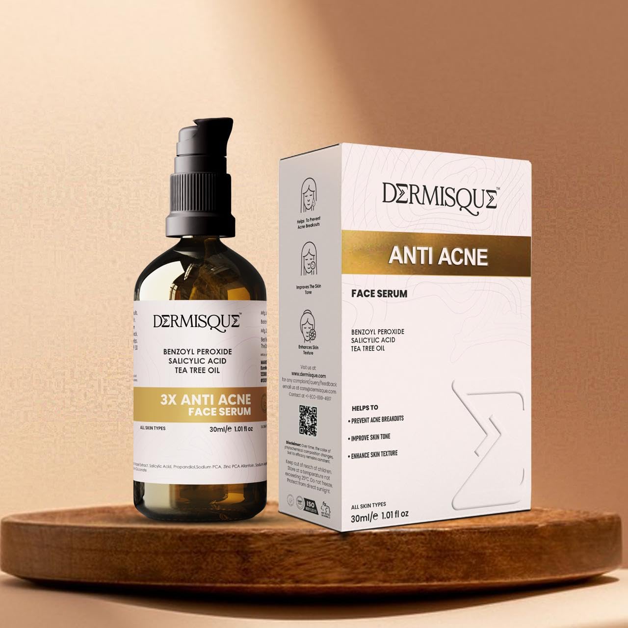 Dermisque anti-acne face serum bottle and packaging on a wooden tray with a beige background