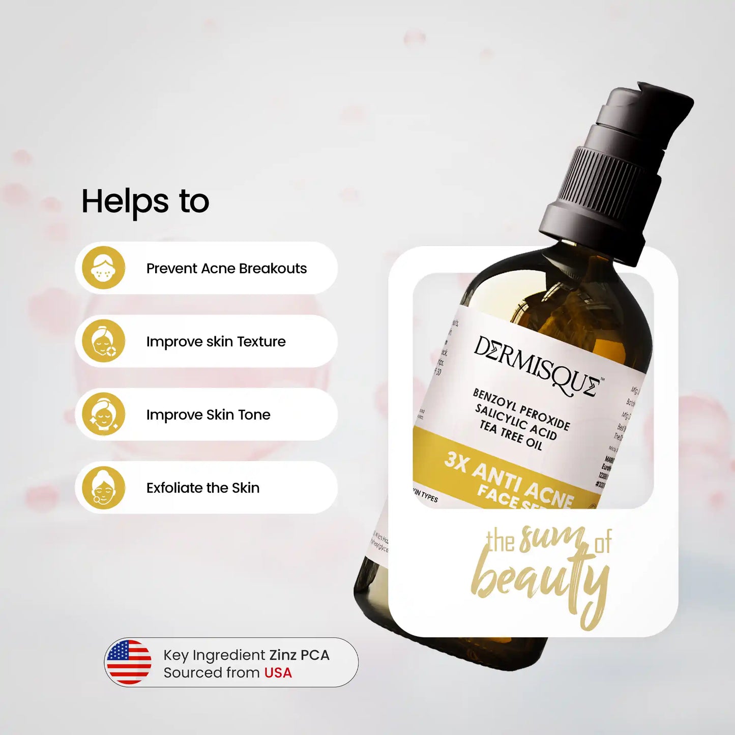 Dermisque anti-acne face oil bottle with benefits listed on a light background