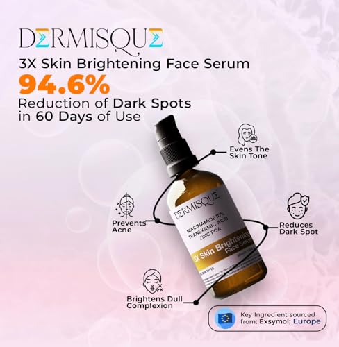 Dermisque 3X Skin Brightening Face Serum with product details on a light pink background