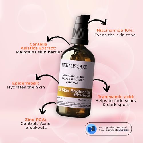 Dermisque face serum bottle with labeled ingredients on a pink background