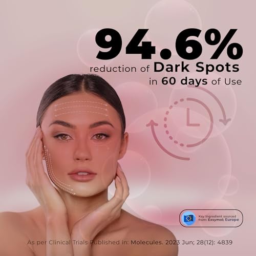 Advertisement for a skincare product showing a woman's face with dark spots and text about dark spot reduction.