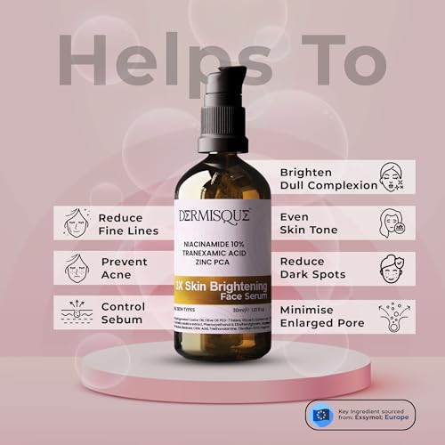Dermisque skin brightening face serum bottle with text on a pink background