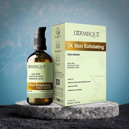 Dermisque 3X Skin Exfoliating Face Serum bottle and packaging on a gray platform with a blue gradient background.