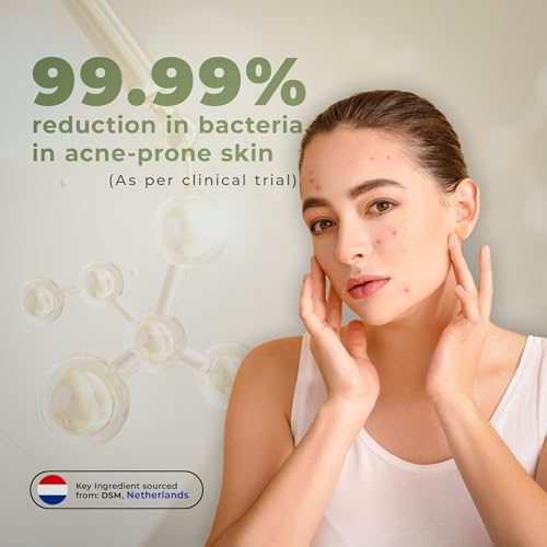 Woman with acne-prone skin showing a 99.99% reduction in bacteria, with clinical trial information and a brand logo.