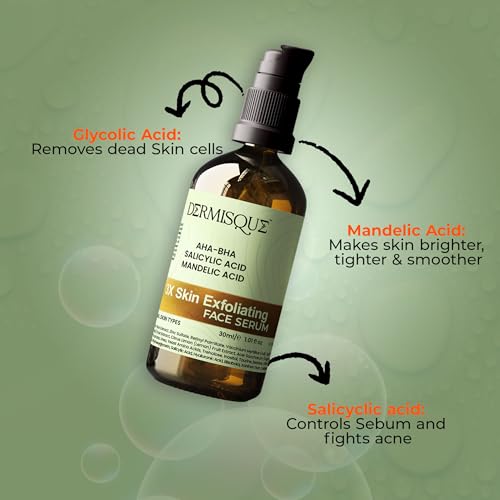 Dermisque skin exfoliating face serum bottle with text on a green background