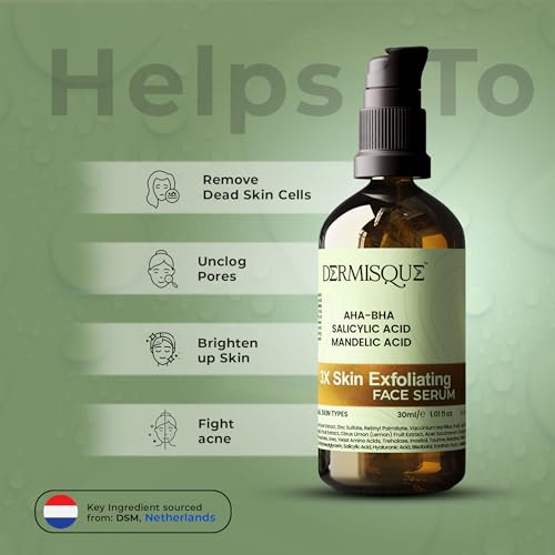Dermisque skin exfoliating face serum bottle with green background and text about product benefits.