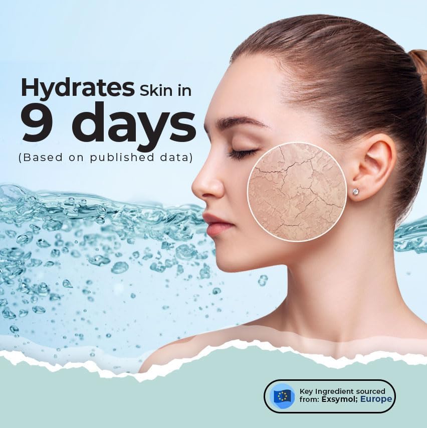 Advertisement for a skincare product showing a woman's face with hydrated skin and water droplets.