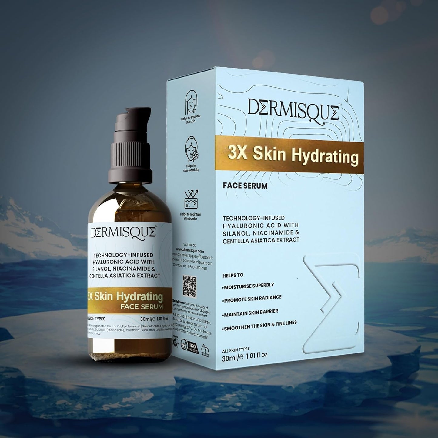 Dermisque 3X Skin Hydrating face serum bottle and packaging on a mountainous background
